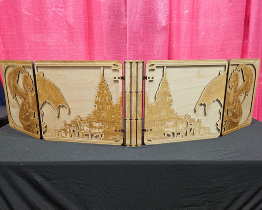 Wooden DM Screen with dragons and a city scape featured on the front.
