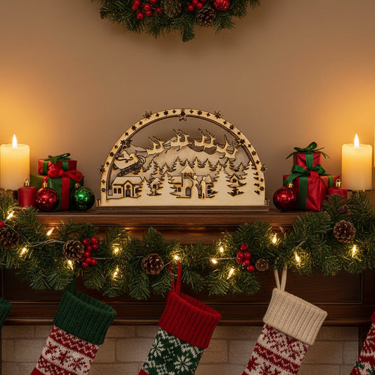 Wooden arch with laser-cut Christmas scene featuring reindeer and trees on a white background